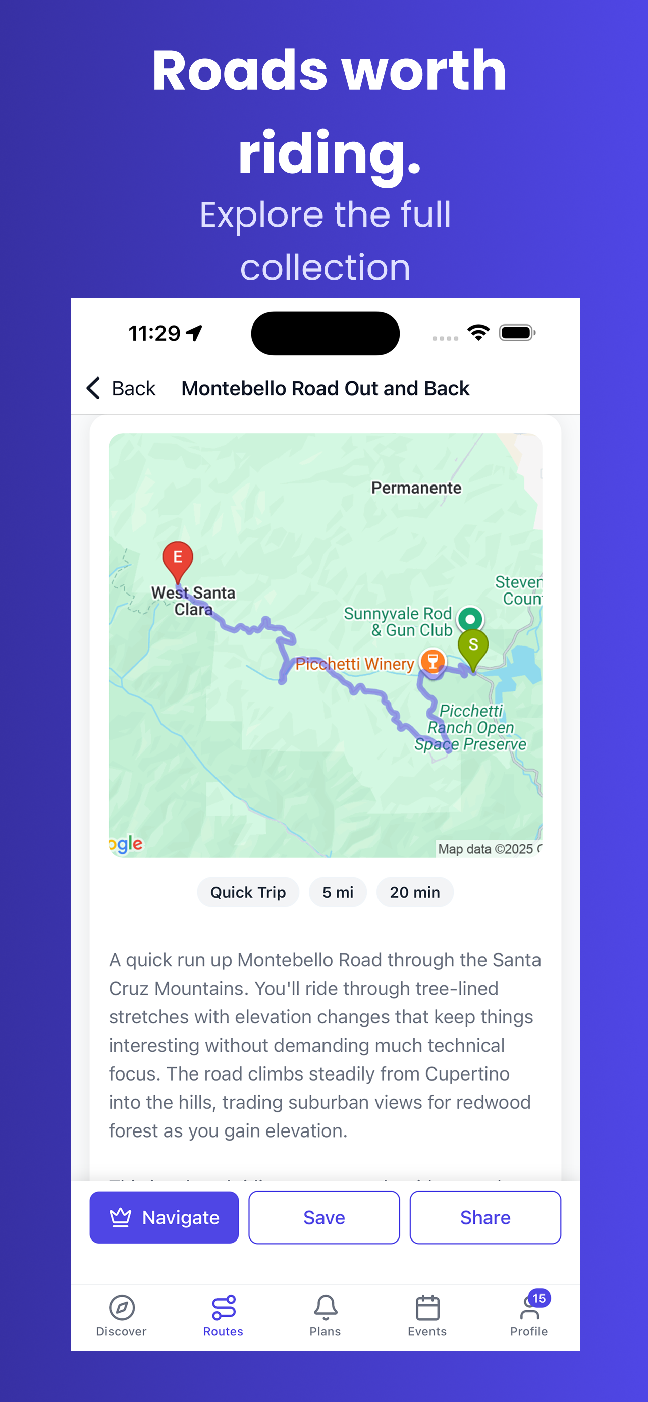 Route detail screen showing curated motorcycle routes